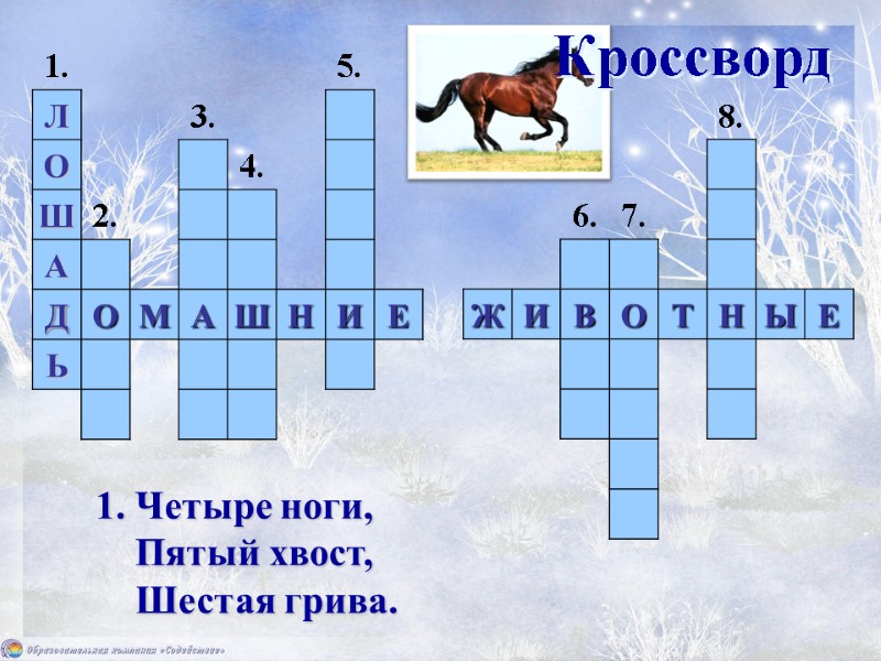 Кроссворд 1. Четыре ноги,      Пятый хвост,   
